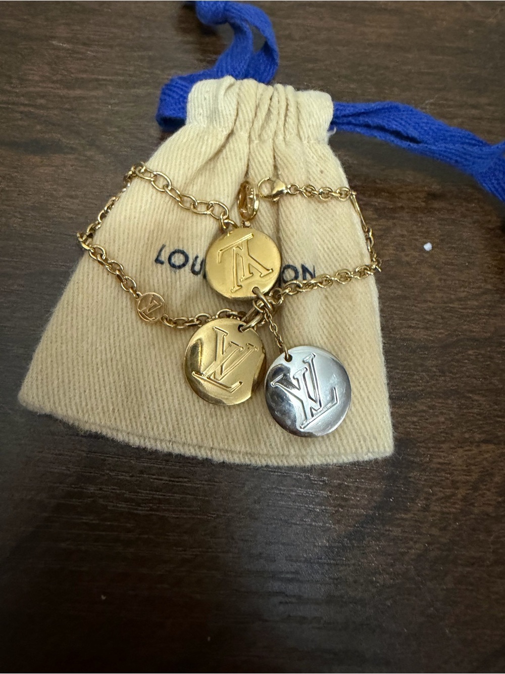 Louis Vuitton Gold & Silver Disc Charm Necklace with LV Logo